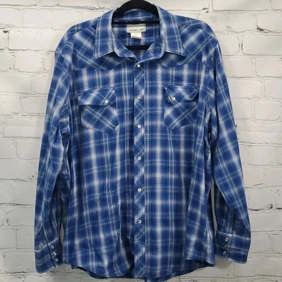 Wrangler Wrancher Pearl Snap Large Blue Plaid Shirt Western Cowboy Cotton Blend - Picture 1 of 11